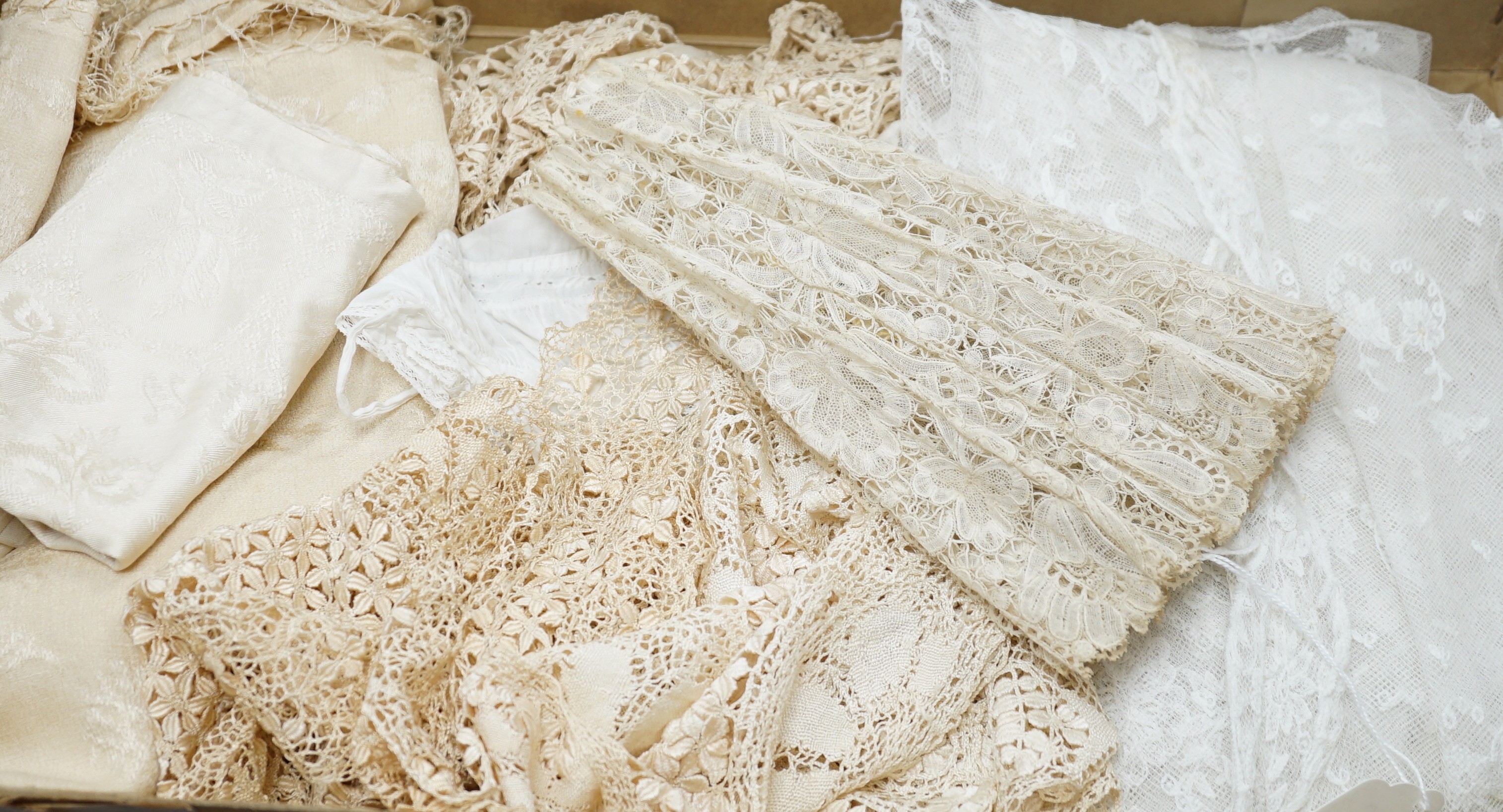 Two silk Maltese collars and a hankie, a needle run veil, Brussels lace fan leaf, Ayreshire embroidered cloth, 2 christening gowns and a bonnet